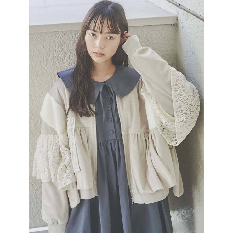 レースレイヤードコンビブルゾン[品番：MKSW0041474]｜merry jenny