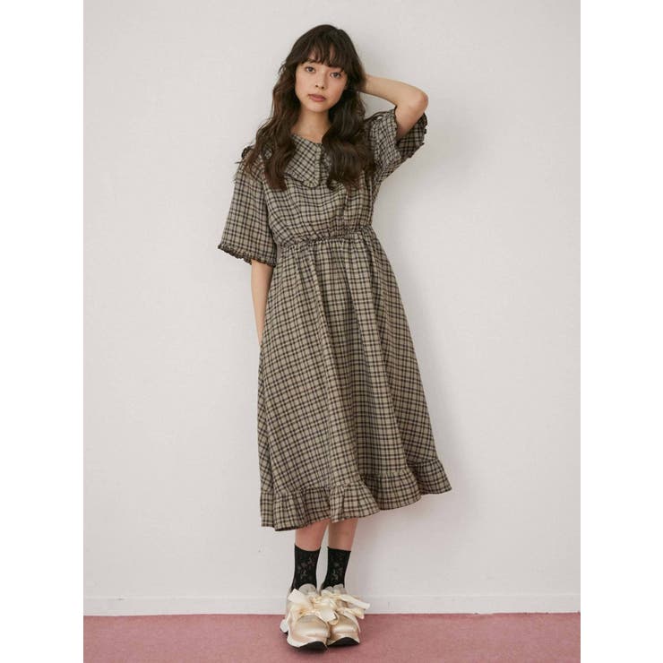チェックbigフリルカラーワンピース[品番：MKSW0046058]｜merry jenny