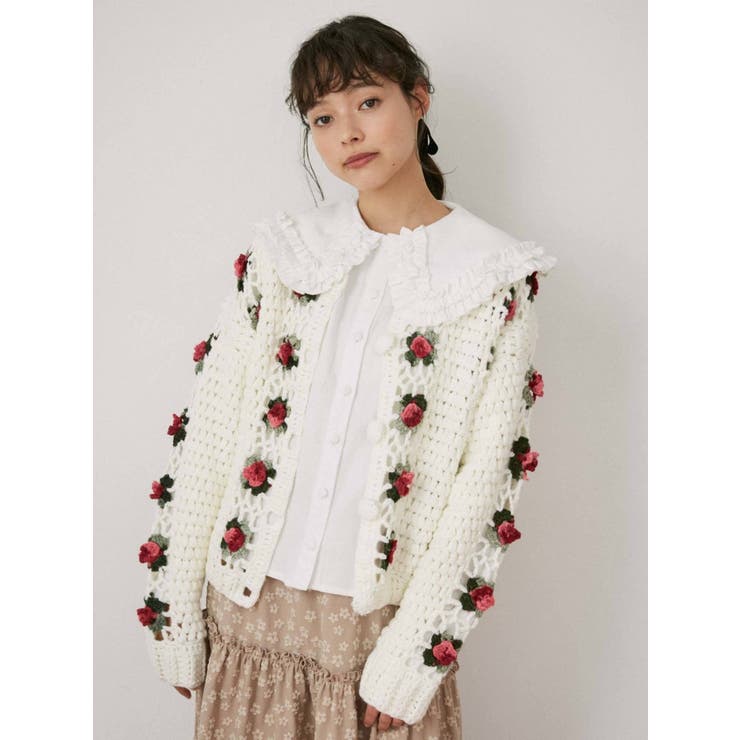 merry jenny アイボリー ノーカラークロシェカーディガン