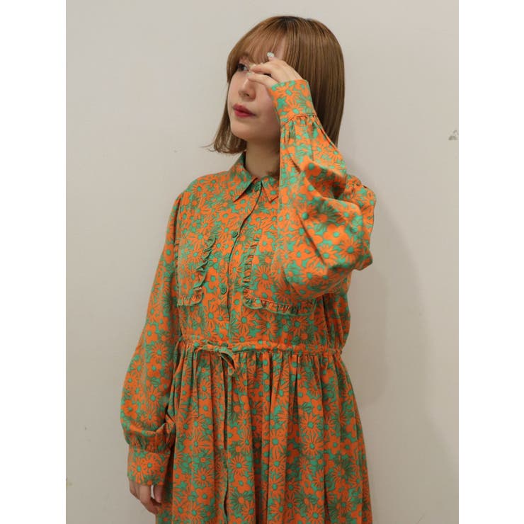 2トーンフラワーシャツワンピース[品番：MKSW0048632]｜merry