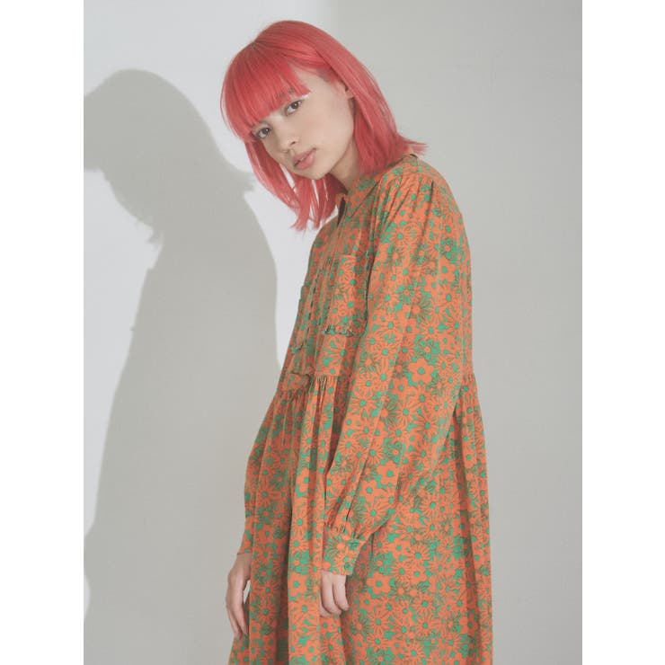 2トーンフラワーシャツワンピース[品番：MKSW0048632]｜merry