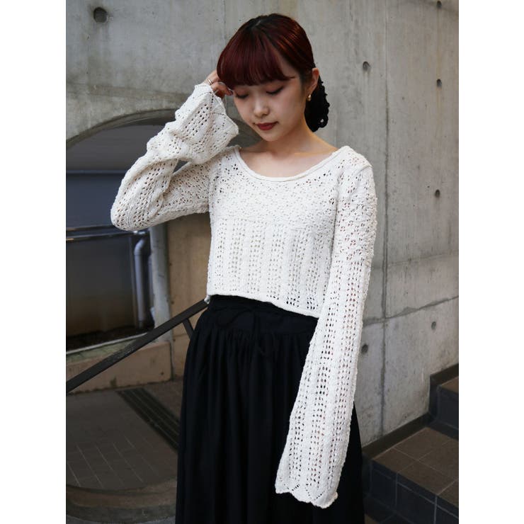 crochetフレアスリーブニットtops[品番：MKSW0049301]｜merry jenny