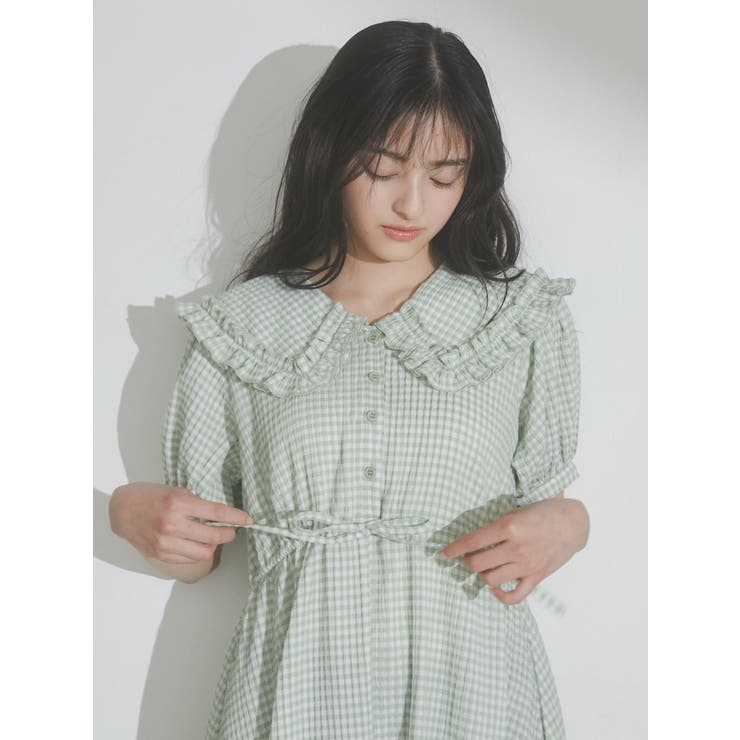 フリルカラーギンガムワンピース[品番：MKSW0051054]｜merry jenny