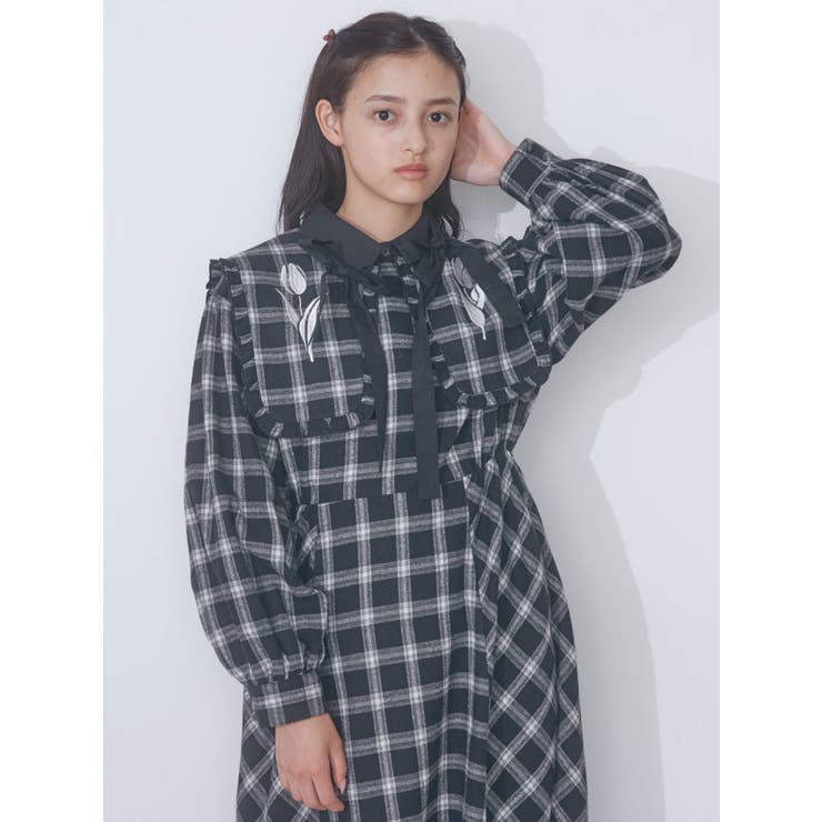 チューリップ刺繍checkワンピース[品番：MKSW0054076]｜merry jenny