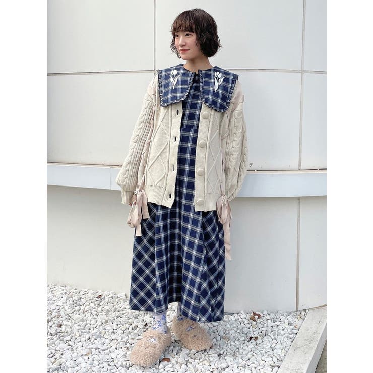 チューリップ刺繍checkワンピース[品番：MKSW0054076]｜merry jenny