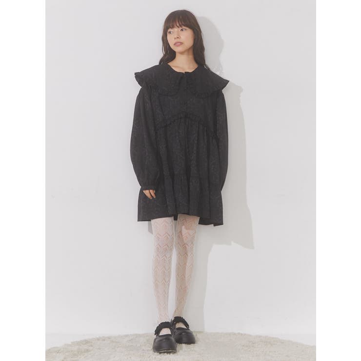 Bibiy フリルノースリーブミニワンピース ジャガードワンピース Bibiy フリルノースリーブミニワンピース ジャガードワンピース