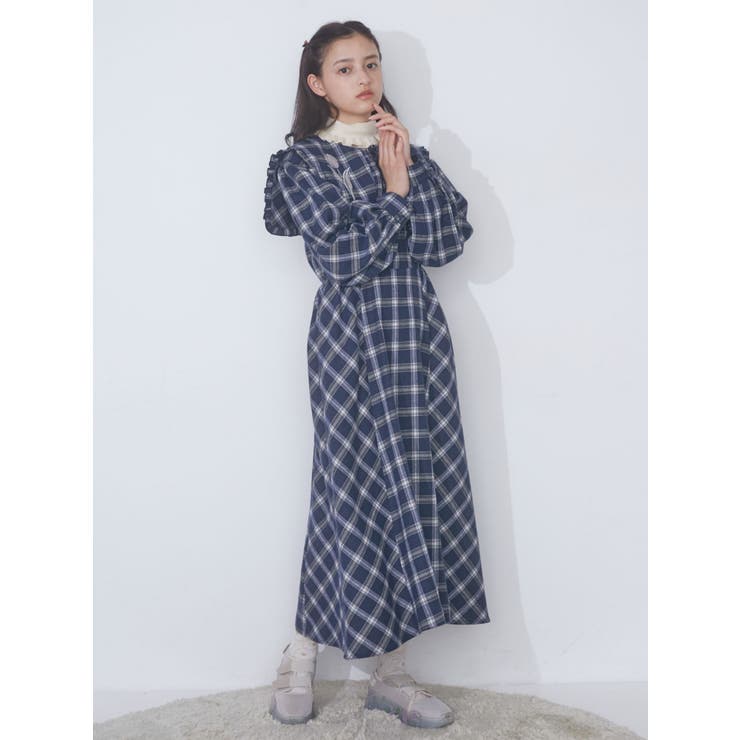チューリップ刺繍checkワンピース[品番：MKSW0056398]｜merry