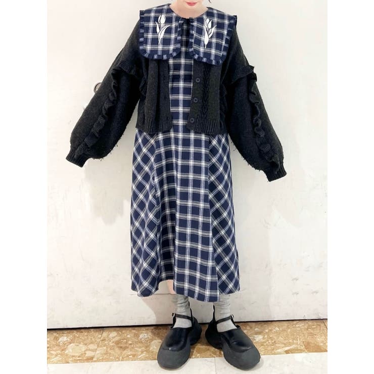 チューリップ刺繍checkワンピース[品番：MKSW0056398]｜merry