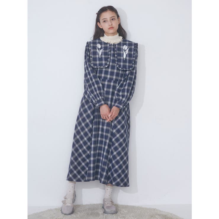 チューリップ刺繍checkワンピース[品番：MKSW0056398]｜merry