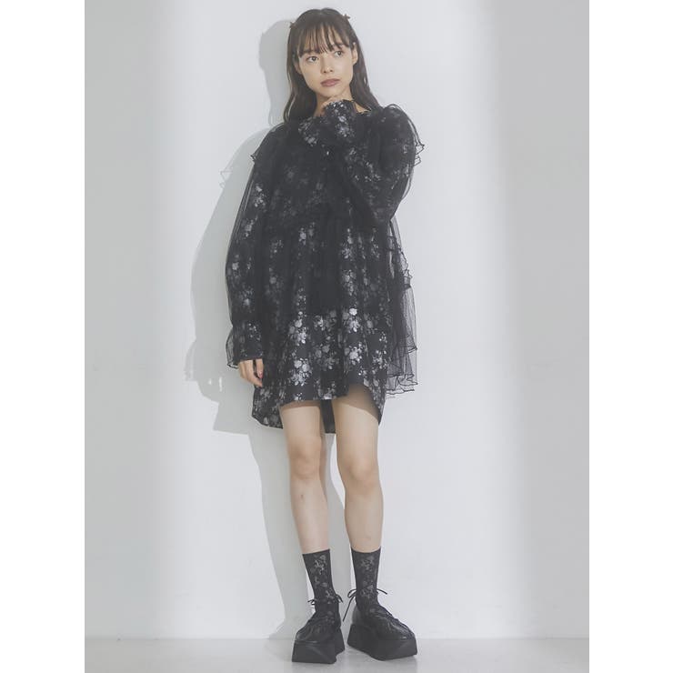 flowerジャガードパフミニワンピース[品番：MKSW0055382]｜merry