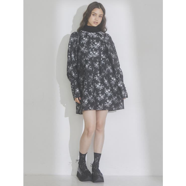 メリージェニー flowerジャガードミニワンピース フレア パフスリーブ flowerジャガードミニワンピース[品番：MKSW0046566]｜merry jenny