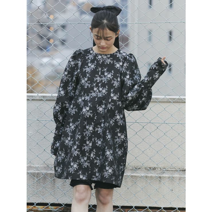 flowerジャガードパフミニワンピース[品番：MKSW0055382]｜merry jenny