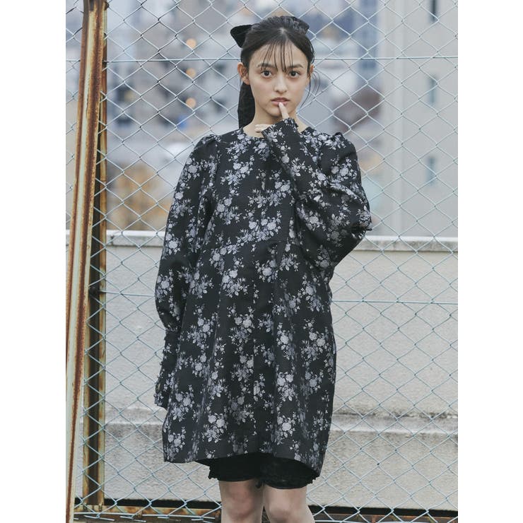 merryjennyジャガード花柄バルーンスリーブミニワンピース ピンク