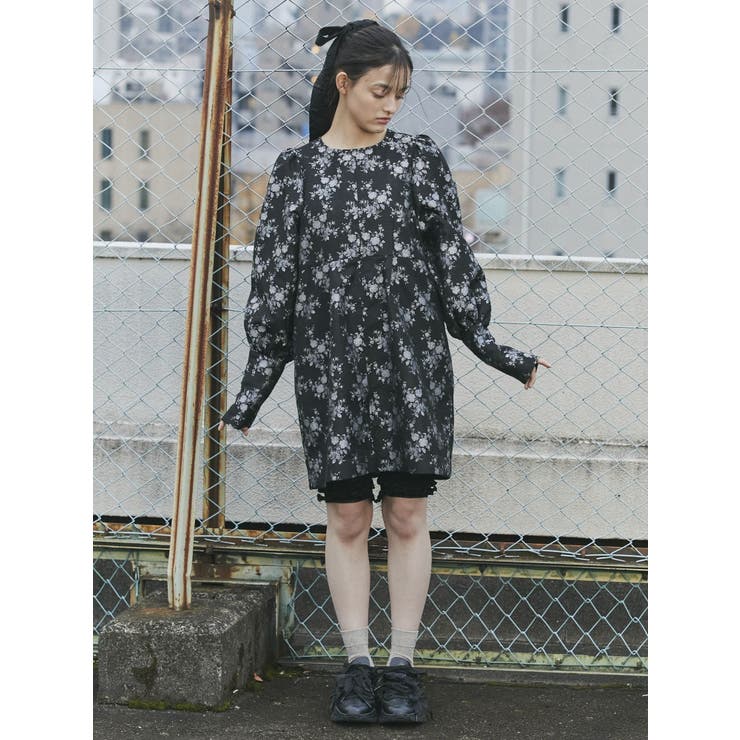 flowerジャガードパフミニワンピース[品番：MKSW0055382]｜merry jenny