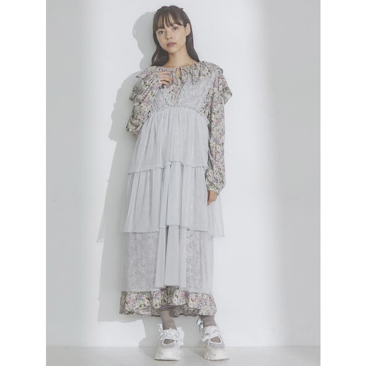 ラメフリルティアードシアーワンピース[品番：MKSW0055385]｜merry