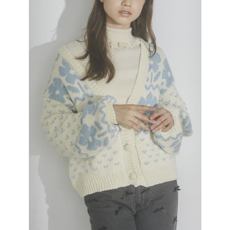 flowerジャガードVネックカーディガン[品番：MKSW0055427]｜merry