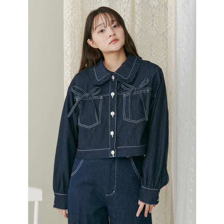 janemarpleリボンデニムジャケット リボンポケットデニムジャケット【セットアップ着用可能】[品番
