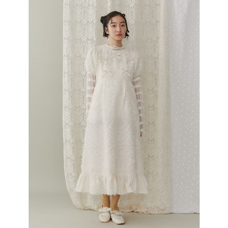 マルニ ティアードドレス ワンピース リボン 長袖 40 ホワイト 22SS