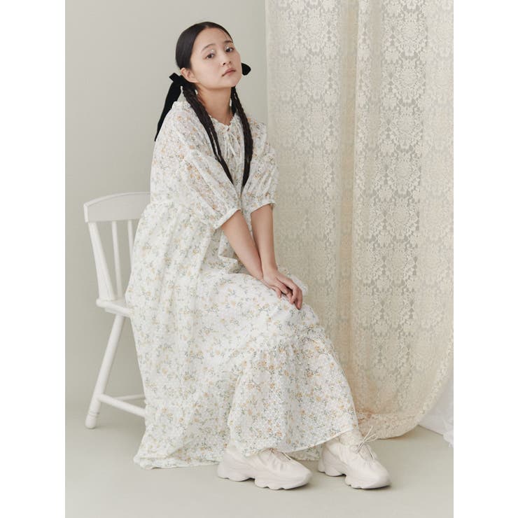 flowerスモックリボンワンピース[品番：MKSW0058284]｜merry jenny