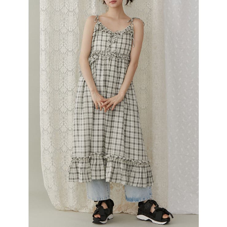 美品✧︎*。【merry jenny】ピンクチェック柄キャミワンピース♡ メリージェニー merry jenny チェックリボンキャミワンピース