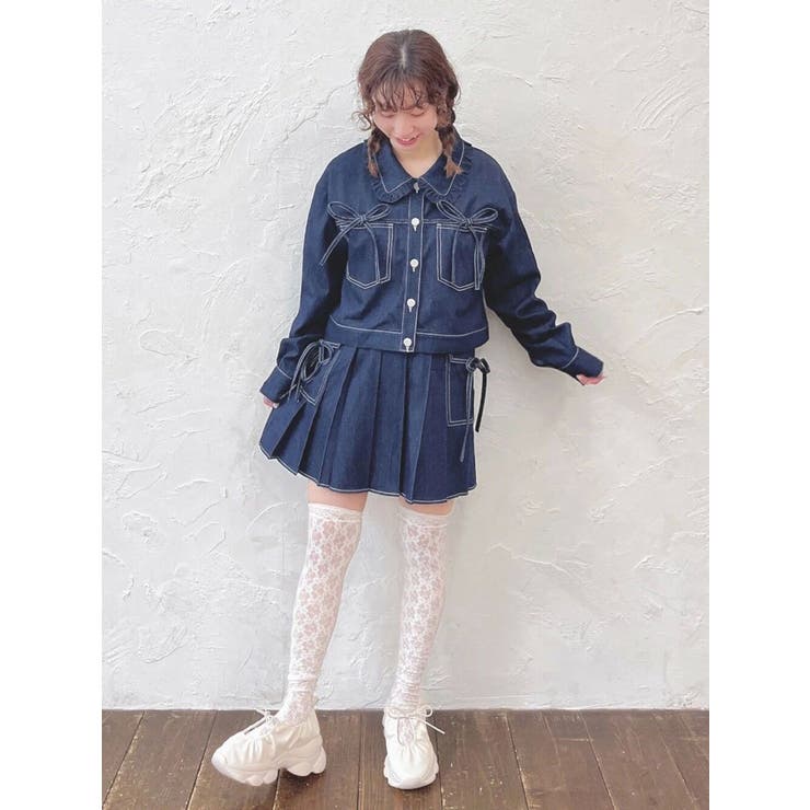 リボンポケットデニムプリーツスカート【セットアップ着用可能