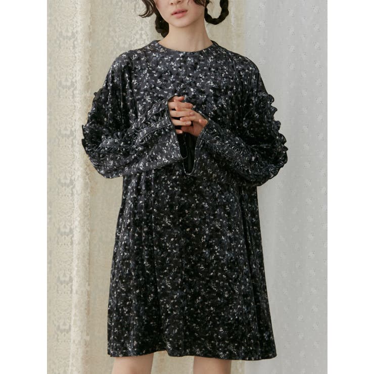 flowerベロアミニワンピース[品番：MKSW0058731]｜merry jenny