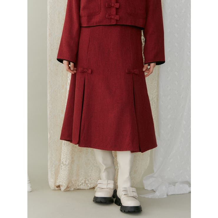 レッド | リボンプリーツミディスカート【セットアップ着用可能】 | merry jenny