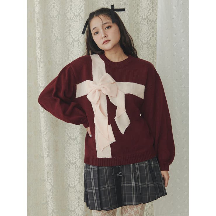 プレゼントリボンニット[品番：MKSW0060552]｜merry jenny