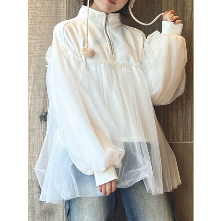 チュールハーフZIPスウェット[品番：MKSW0060221]｜merry jenny