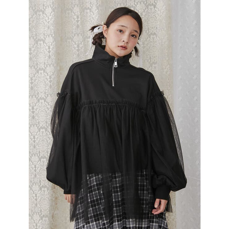 送料無料◆2024新品  チュールハーフZIPスウェット[品番：MKSW0060221]｜merry jenny トップス