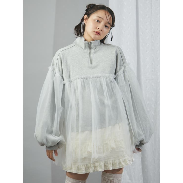 チュールハーフZIPスウェット merry jenny（メリージェニー）の「チュールハーフZIPスウェット