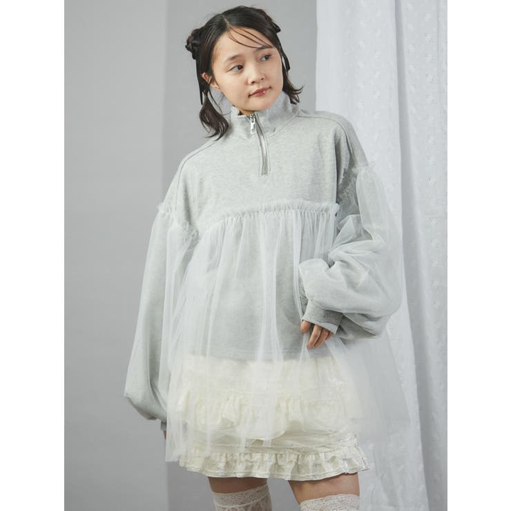 チュールハーフZIPスウェット[品番：MKSW0060221]｜merry jenny