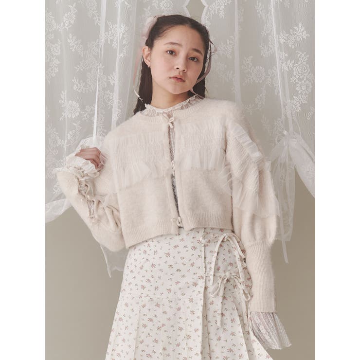 今季未使用45R 梳毛ウールのニットソーフリルカーディガン 45rpm