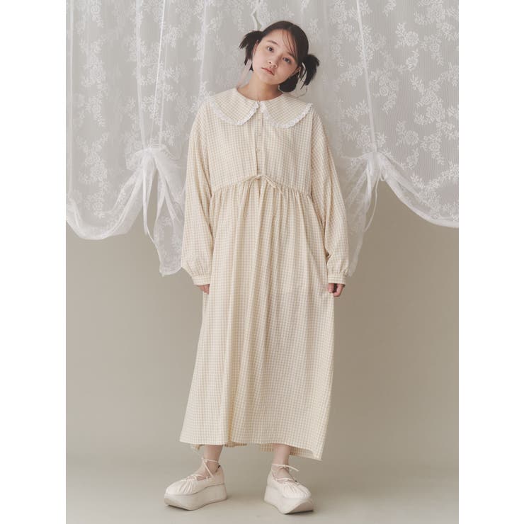 yori ヨリ フリルスリーブワンピース　 ギンガムチェック フリルスリーブ yori