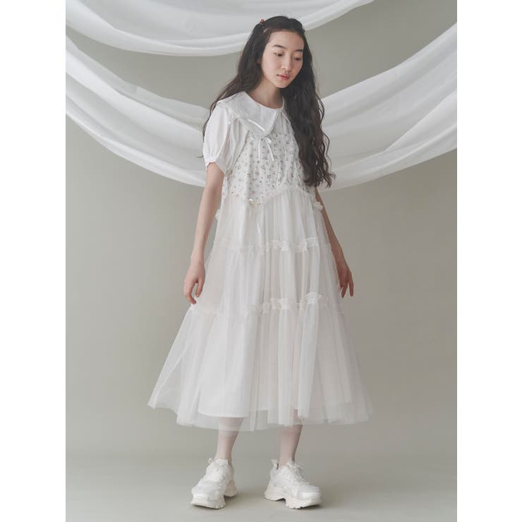 チュールドロストミニキャミワンピース merry jenny（メリージェニー）の「チュールドロストミニキャミ