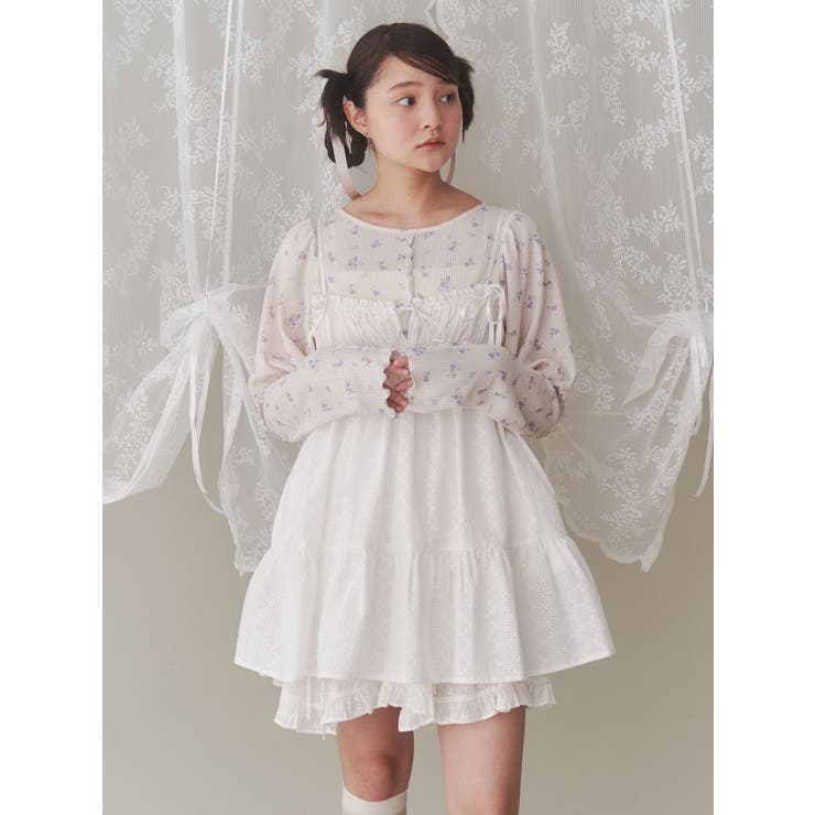美品 ヌキテパ レースギャザー2wayブラウス コットン レッド 赤 シアー ERUKEI エルケイ】ドット/ ロングスリーブ/ 長袖/フリルデザイン