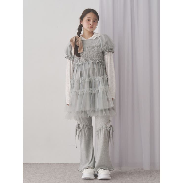 merry jenny レースカット　フリルリブパンツ　フレアパンツ メリージェニー merry jenny レースカットフリルリブパンツ （ブラック