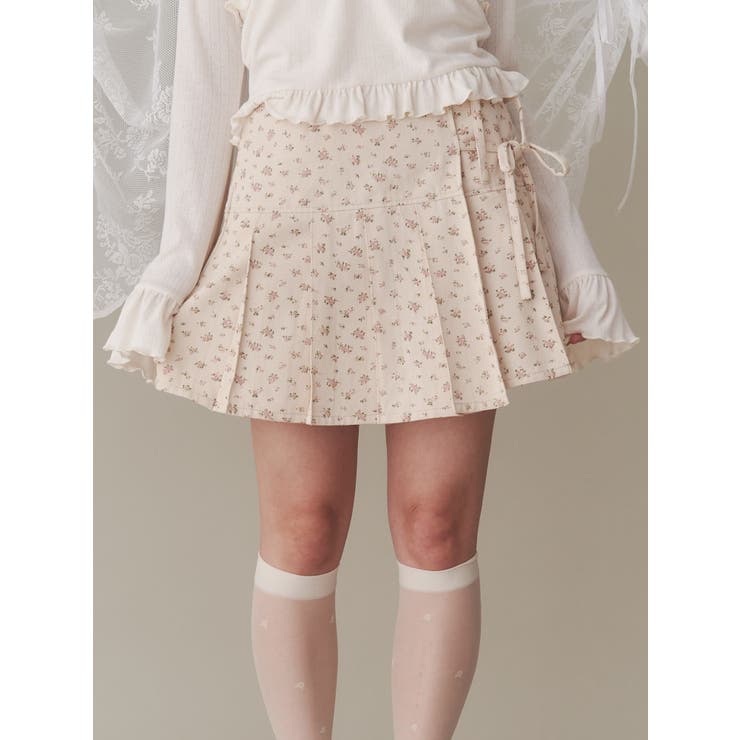 ベージュ | flowerリボンプリーツミニスカート | merry jenny