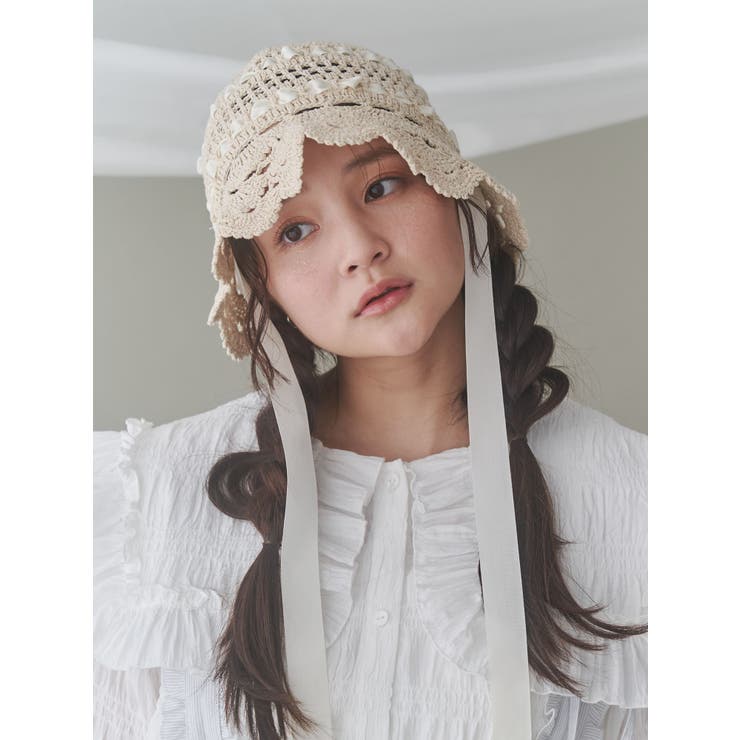 新品タグ付きmerryjenny 透かし編みフリルハットBlack フリーサイズ セール】透かし編みフリルハット（ハット）｜merry jenny