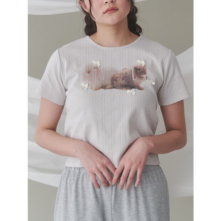 ライトグレー | ラビットribbon Tシャツ | merry jenny