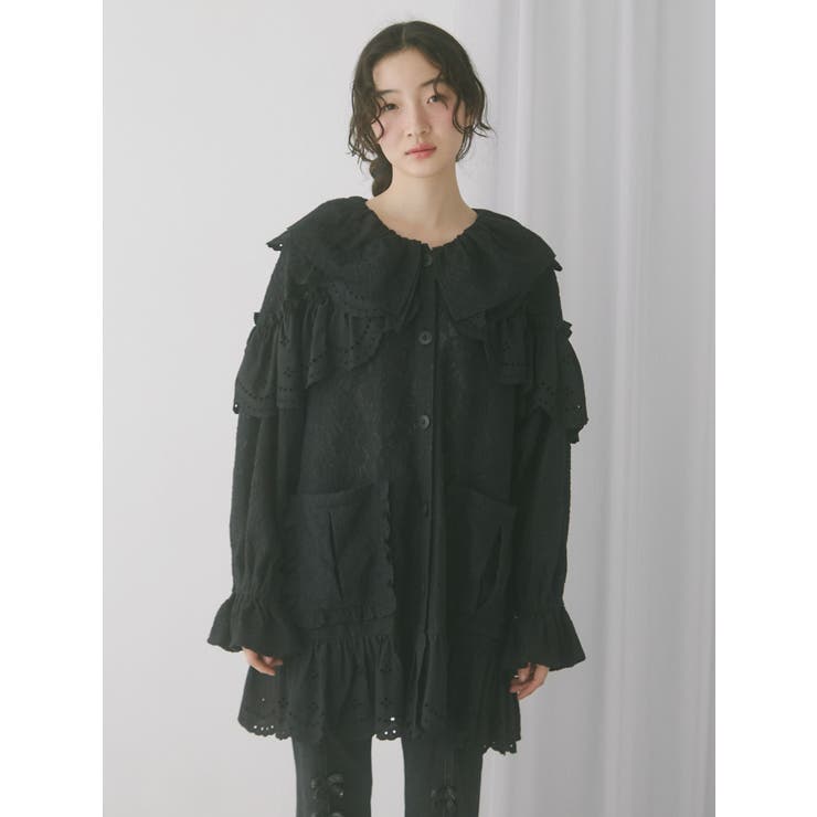 ＊美品【エルマンノシェルビーノ】ジャケット　レース　フリル　ブラック　３８ ERMANNO SCERVINO】ジャケット レース フリル ブラック 38