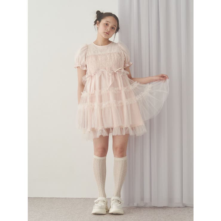 チュールパフスリーブミニワンピース[品番：MKSW0065270]｜merry jenny