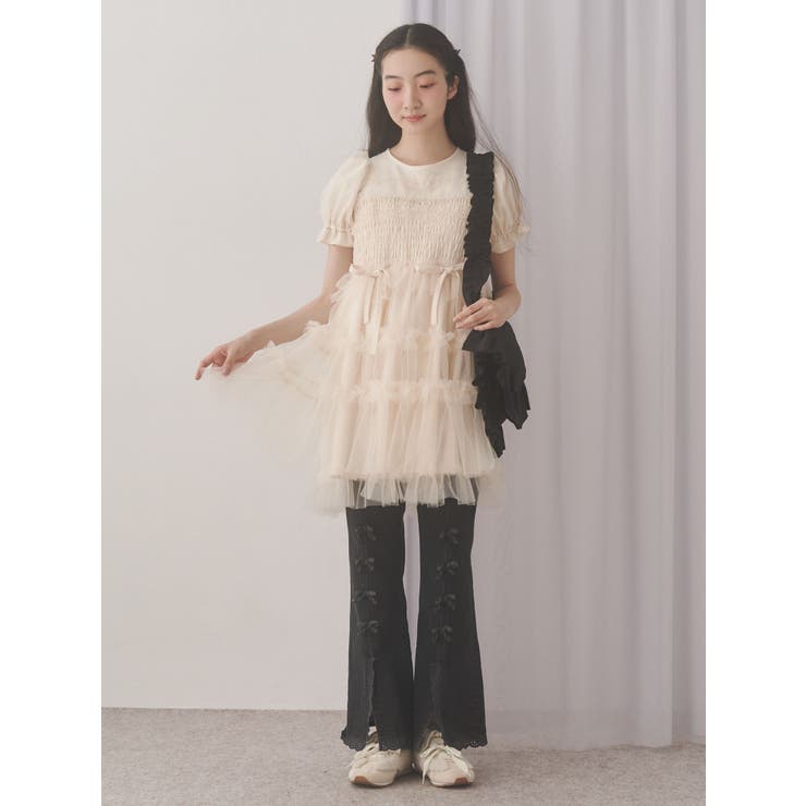 チュールパフスリーブミニワンピース[品番：MKSW0065270]｜merry