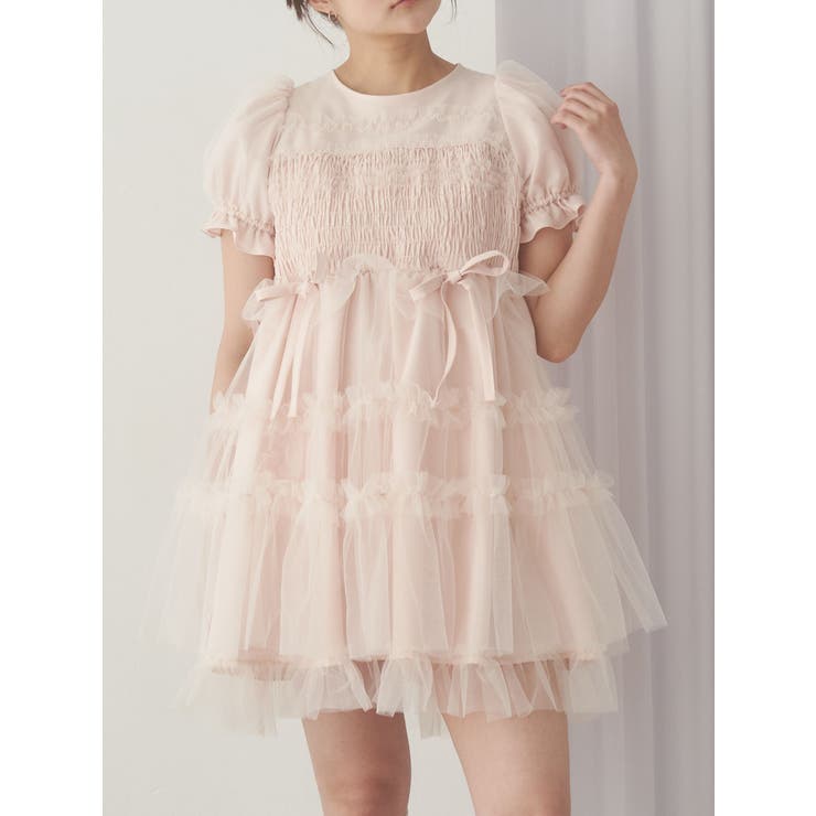 チュールパフスリーブミニワンピース[品番：MKSW0065270]｜merry jenny