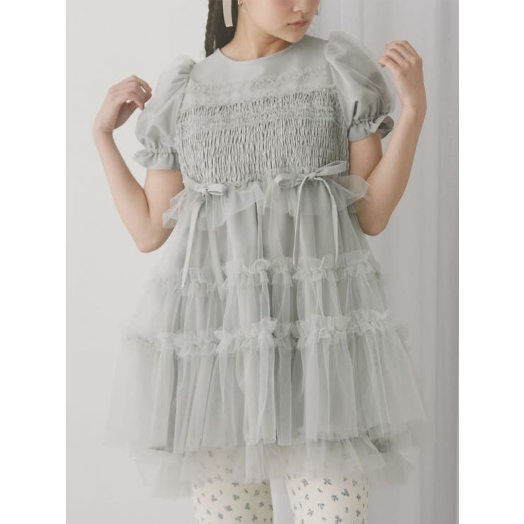 チュールパフスリーブミニワンピース[品番：MKSW0065270]｜merry