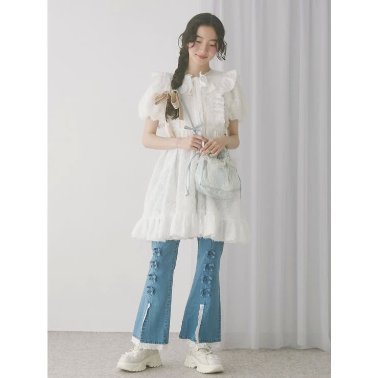 Merry jenny flowerジャガードミニワンピース merry jenny flowerジャガードパフミニワンピース（ブラック