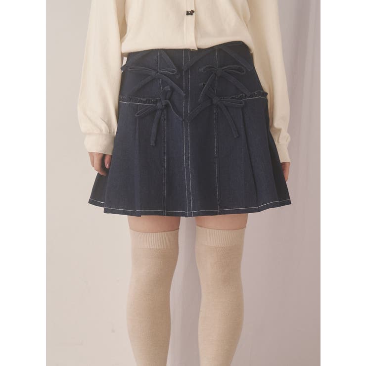 ブルー | リボンリボンプリーツミニスカート | merry jenny