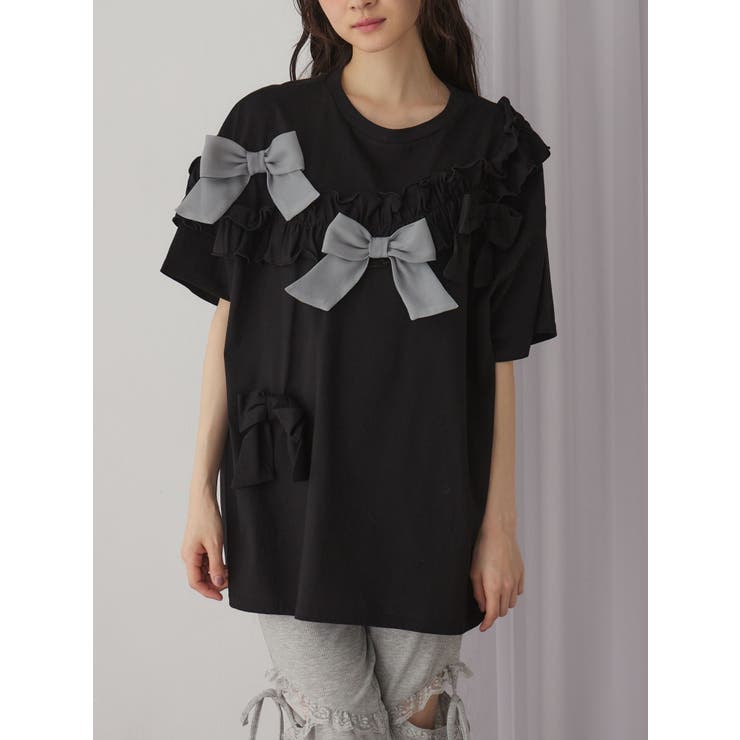 ブラック | ribbon frill big tee | merry jenny