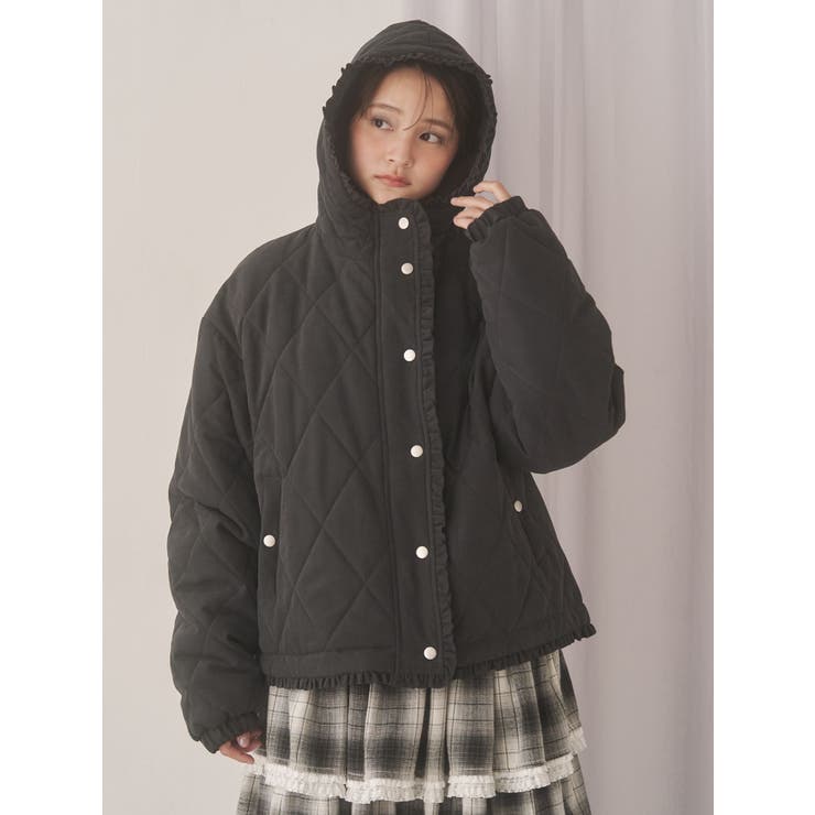 ブラック | フリルキルティングフードジャケット | merry jenny