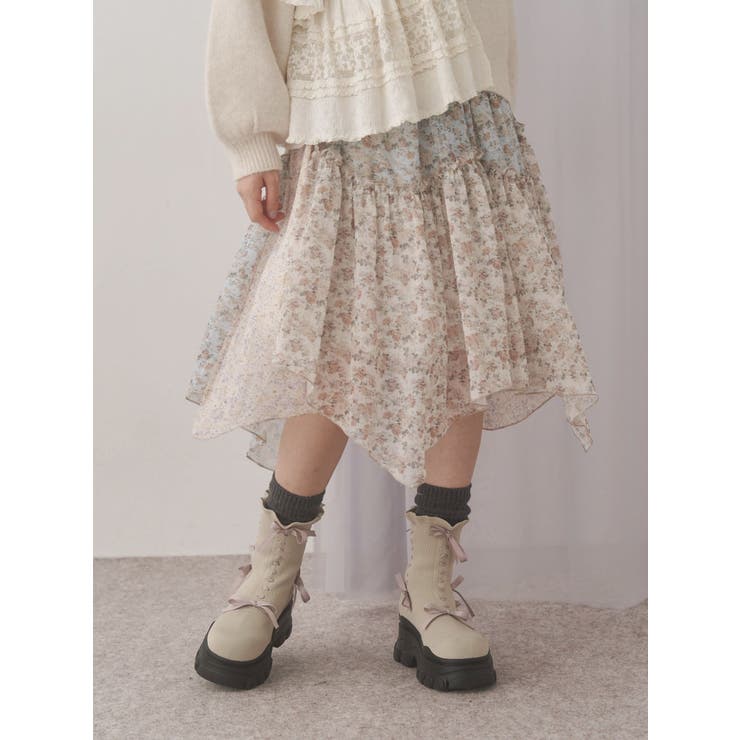 イレギュラーヘムミディスカート floralイレギュラーヘムミディスカート[品番：MKSW0066263]｜merry